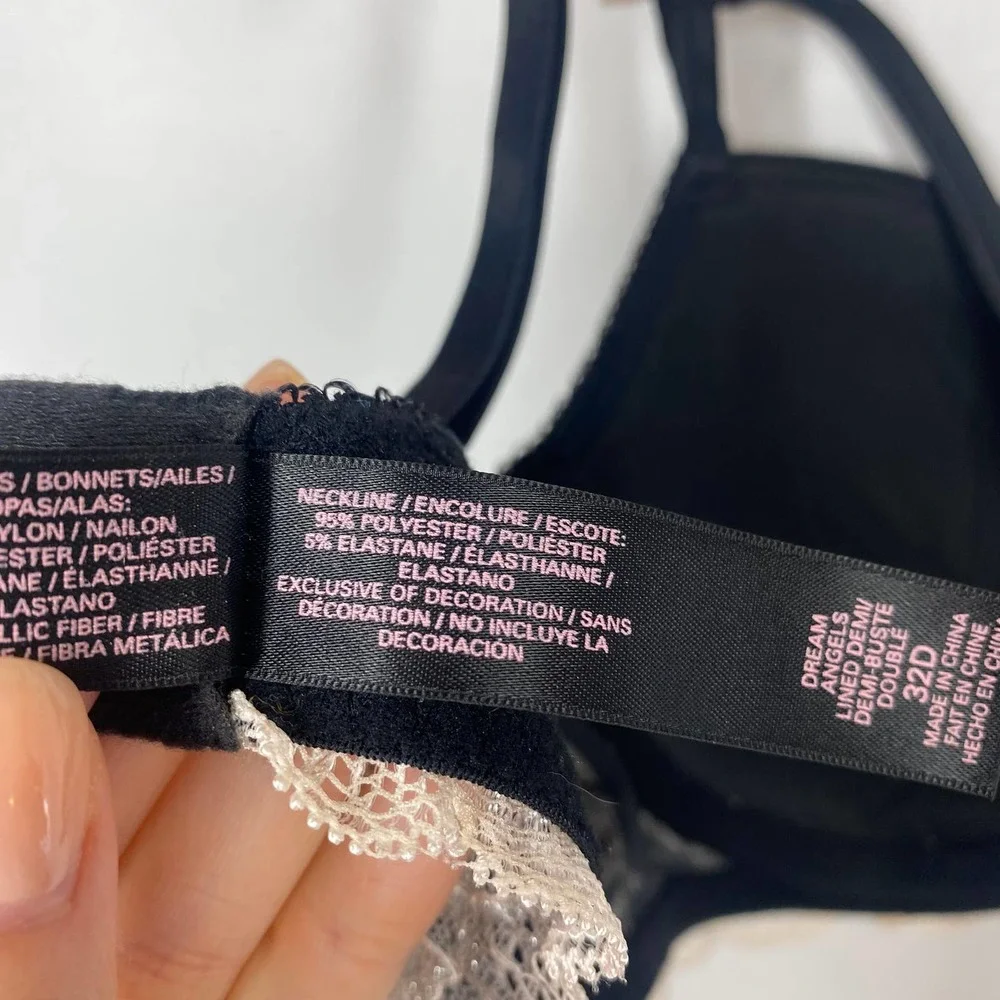 Victoria's Secret Dream Angels Lined Demi Bra Black White Lace Strappy 32D